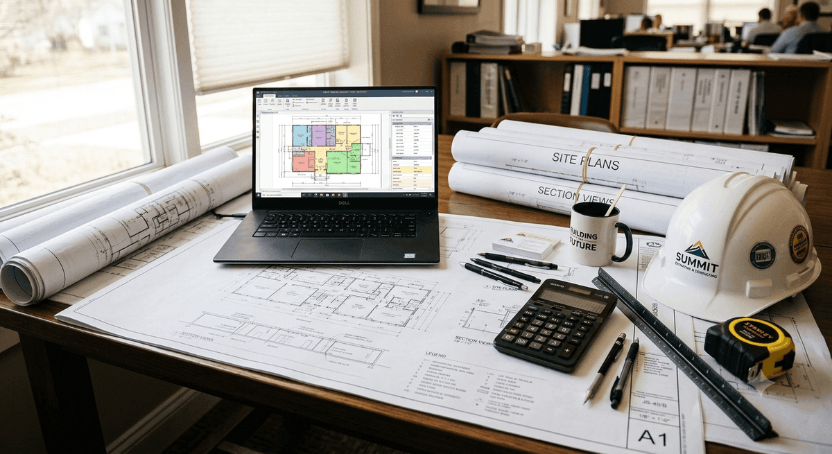 Professional photograph of a construction estimator's desk viewed from above, architectural blueprints and floor plans spread out, a calculator, digital takeoff software open on a laptop screen, a hard hat and rolled drawings nearby, soft natural window light, warm and professional atmosphere, high detail, shallow depth of field